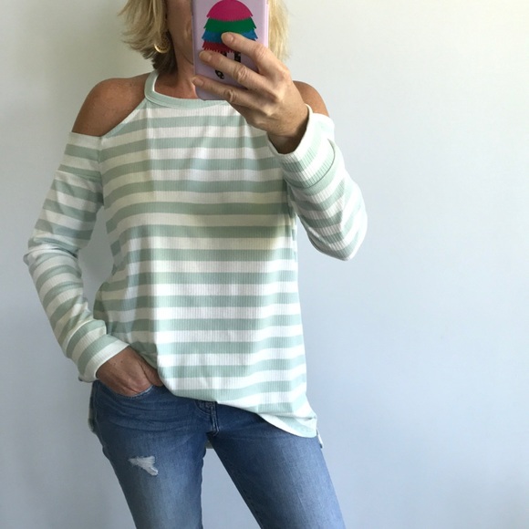 Mint Green & White Striped Cold Shoulder Top - Picture 2 of 7